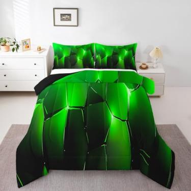 Imagem de jejeloiu Conjunto de edredom geométrico, hexagonal, colmeia geométrica, colmeia geométrica, verde, preto, simples, moderno, arte abstrata, conjunto de colcha