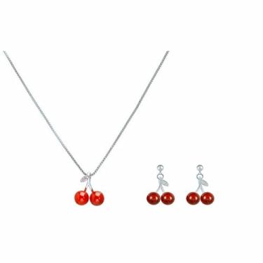 Imagem de Colar de cristal de cereja vermelha brincos personalizados doce 3D rubi vermelho verão frutas tropicais chique strass zircônia cúbica colar pingente de ouro para mulheres boho primavera moda joias