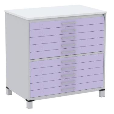 Imagem de Mapoteca 10 Gavetas Pandin 120 Cm (larg) Inmetro Tampo Mdp Branco Estrutura Aço Cinza Gavetas Lilás