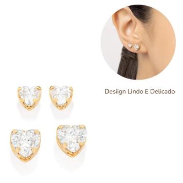 Imagem de Kit Brincos Rommanel Coração Com Zircônia Feminino Banhados A Ouro 18k