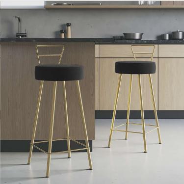 Imagem de Kit 02 Banqueta Alta Com Encosto Tina Eiffel Cozinha Bar Bistrô Ferro Dourado Corino Preto - Ahazzo Móveis