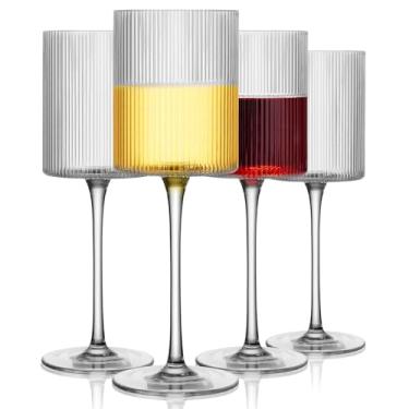 Imagem de LUXULISH Conjunto de 4 taças de vinho quadradas caneladas, taças de vinho tinto branco vintage de 368 g, taças de vinho de cristal sopradas à mão - presentes para mulheres, homens, casamento