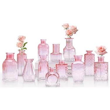 Imagem de Blcculi Conjunto de 12 vasos de botão de vidro, vasos de botão rosa a granel, vaso de flores pequeno para centros de mesa, garrafa vintage de vidro para decorações de casamento rústicas, mini vaso de