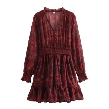 Imagem de Feminino Retro Com Decote Em V Manga Longa Impresso Vestido Curto Prim