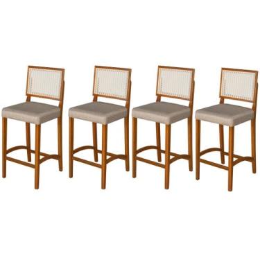 Imagem de Kit 4 Banquetas Altas Pés Em Madeira Maciça Com Encosto em Rattan e As