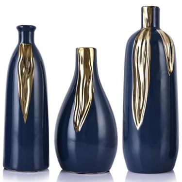 Imagem de Conjunto de 3 vasos de cerâmica azul e dourado, conjunto de vasos de cerâmica para decorativos, vasos de haste única azul e dourado para mesa de cabeceira, cozinha, decoração de casa de fazenda Boho