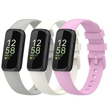 Imagem de Gheper Pulseiras de substituição para relógio inteligente Fitbit Inspire 3, acessório de silicone para mulheres e homens, tamanho P/G, cinza/damasco/lilás