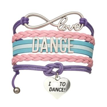 Imagem de Sportybella Acessórios de dança – Pulseira Love Infinity para meninas, adolescentes – Couro trançado ajustável, rosa, roxo, azul-petróleo e azul claro com barra de letras de dança e pingente de