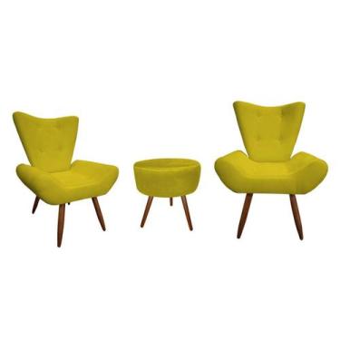 Imagem de Kit 2 Poltronas Decorativa Emilia + Puff Redondo Suede Amarelo Pés Mad