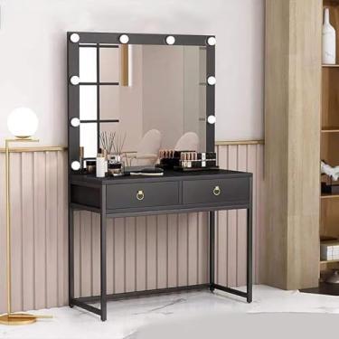 Imagem de Penteadeira Feminina Penteadeira Estilo Moderno E Sofisticação Maquiagem Penteadeira Conjunto De Penteadeira Simples Com 2 Gavetas 3 Cores Tela Sensível Ao Toque Espelho De, Black+black