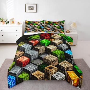 Imagem de jejeloiu Jogo de cama casal com blocos para crianças, meninos, meninas, jogo de pixel, elemento, bloco de cubo, edredom para decoração de quarto, microfibra leve e macia, 3 peças