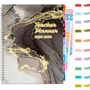 Imagem de Jul. 2025-jun. 2026 Caderno de planejamento do professor, diário, semanal, mensal, encadernado em espiral com 10 canetas e seção, adesivos de planejamento, calendário datado, pasta de bolso, aba de