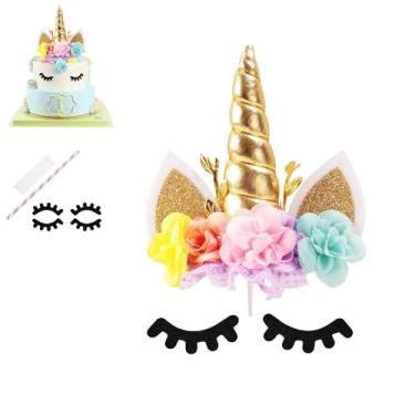 Imagem de Nishine Topo De Bolo Unicórnio Com Flores Rosas, Decoração Para Festa Aniversário (Dourado E Rosa)