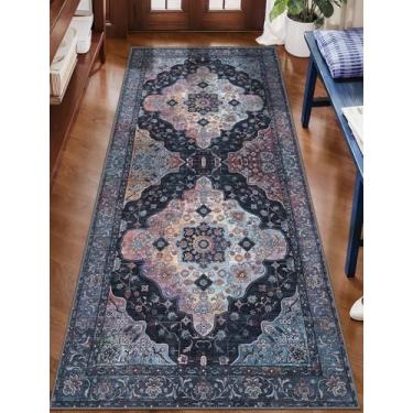 Imagem de Tangsoo Tapete de corredor lavável de 5 x 12 cm para corredores, corredor vintage antiderrapante, tapete longo macio e baixo, estampa envelhecida azul marinho/Mlulti para cozinha, quarto, entrada