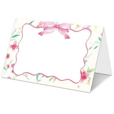 Imagem de Cartões de casamento com laço floral rosa para mesa, cartões de barraca dobrados, cartões de assento para chá de panela, chá de bebê, cartão de nome de comida de aniversário para decoração de festa de