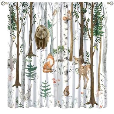 Imagem de Cortinas blecaute de animais da floresta para crianças, desenho animado aquarela linda floresta bétula raposa urso fulvo acampamento animais janela tratamentos para quarto de bebê meninos meninas