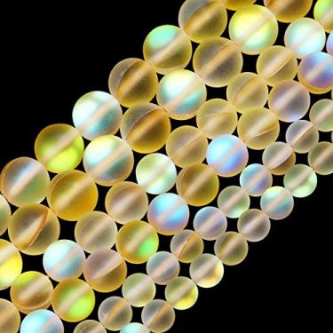 Imagem de Miçangas de vidro de cristal Aurora amarelo fosco, 8 mm de glitter fosco, contas soltas redondas de sereia, pedra da lua sintética holográfica arco-íris, para fazer joias, pulseira DIY