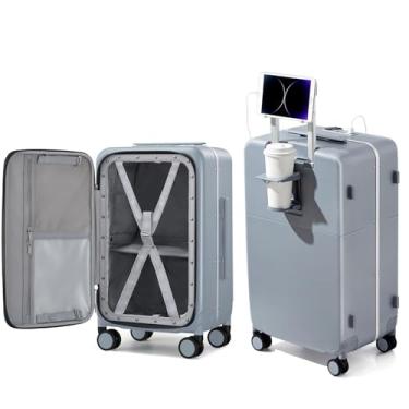 Imagem de Mala de mão Hanke 56 x 35,5 x 23 cm, rodas giratórias aprovadas por companhias aéreas, malas rígidas abertas na parte superior com suporte para celular e carregador, mala de viagem de 51 cm, Cinza