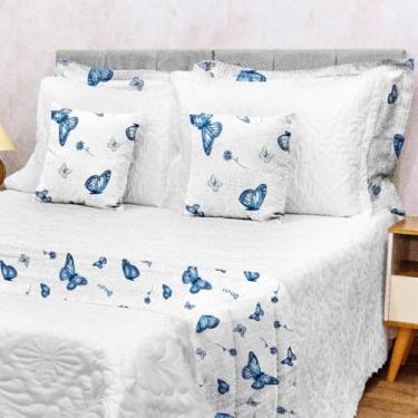 Imagem de Kit 5 Peças Decoração Sala Peseira Super King Size Piquet Cama Posta Luxo (Borboletas Azul)