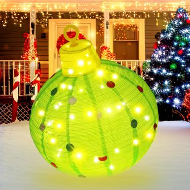 Imagem de VioraWhite Bola De Natal Gigante Iluminada 30" Para Áreas Externas, Decoração Pop-Up Verde Brilhante, Bolas Dobráveis Grandes Com 60 Luzes Led E Base Quintal, Gramado Jardim Festas