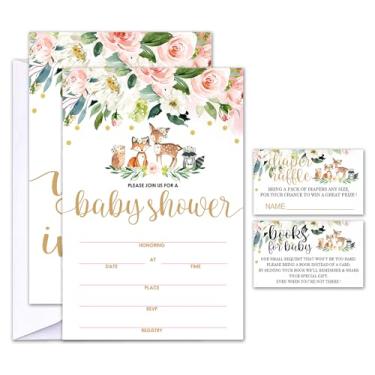 Imagem de Geuro Conjunto de 25 convites para chá de bebê com envelopes, bilhetes de sorteio de fraldas e cartões de solicitação de livro de chá de bebê, animais florais de madeira