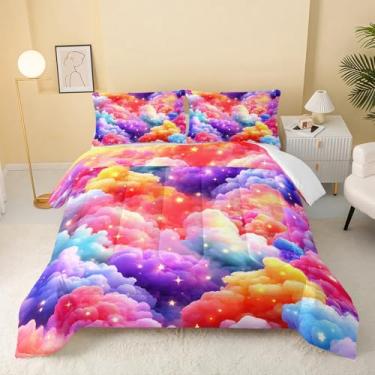 Imagem de QOOMO Conjunto de edredom casal, 3 peças, nuvens coloridas, conjunto de cama de estrela, para adolescentes, meninos e meninas, edredom com 2 fronhas, macio e leve
