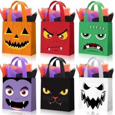 Imagem de Wesnoy Pacote com 30 sacos reutilizáveis de presente fantasma de Halloween não tecido a granel com alças sacolas de compras com papel de seda para lembrancinhas de festa