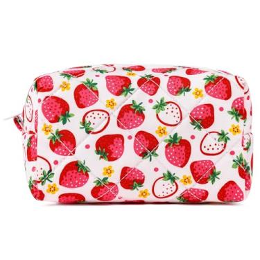 Imagem de SOIDRAM Bolsa de maquiagem acolchoada bolsa de cosméticos floral bolsa de maquiagem coquete bufante, Little Strawberry, Small