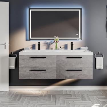 Imagem de Eviva EVVN144-57CGR Surf 144,76 cm Cimento Cinza Conjunto moderno com pia dupla de acrílico branco integrado