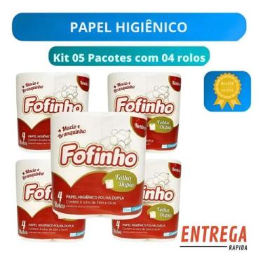 Imagem de Kit com 5 pacotes de papel higiênico Fofinho folha dupla neutro