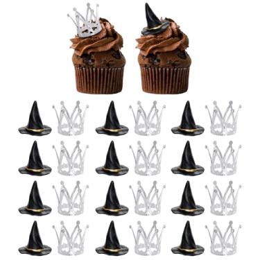 Imagem de cnomg 24 Pcs Witch Hats and Crowns Cake Toppers Mini Wizard Hats Silver Crown Cupcake Toppers Reusable Durable Witches Theme Party Decor for Halloween Wicked Birthday Party