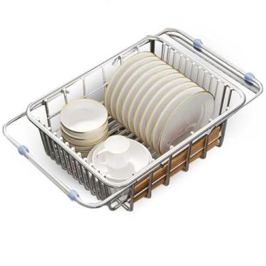 Imagem de COVRA escorredor de pratos de aço inoxidável in-sink com suporte de tigela, organizador de pia expansível, 38 x 28 x 12,7 cm, adequado para frutas, legumes e pratos