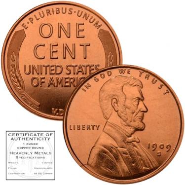 Imagem de Lincoln Wheat Cent 1909 S VDB Design 1 oz Pure .999 Copper Round Collectible Jumbo 39mm Coin in Capsule - COA by Heavenly Metals