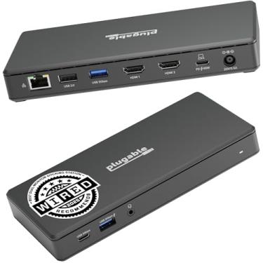 Imagem de Plugable Estação de ancoragem USB C, monitor duplo, 2 portas HDMI, estação de entrega de energia, monitor duplo 4K para Windows, ChromeOS, 1 USB-C, 3 USB, Ethernet e áudio - sem driver (UD-MSTH2)