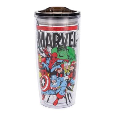 Imagem de Silver Buffalo Copo de viagem retrô Marvel Comics Vingadores de parede dupla com tampa deslizante Homem-Aranha, Capitão América, Thor, Hulk e Homem de Ferro, 590 ml