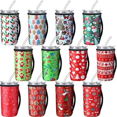 Imagem de 12 peças de porta-copos de café gelado isolador de neoprene para copo de 850 g - copo de 946 ml, com alça (estilo elegante)