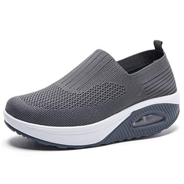 Imagem de EnllerviiD Tênis de caminhada feminino plataforma de malha respirável slip on casual de malha com almofada de ar, 2266 cinza, 8.5