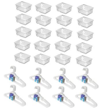 Imagem de Kit 20 Cestos Organizador Pequeno 16x12x6cm + 40 Cabides Transparente 