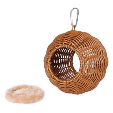 Imagem de Bothyi de pássaro de vime artificial pendurado, cama de rede, cabana, presente, casa de tecida à mão com almofada para gaios-azuis, pássaros, Dois Buracos Cáqui