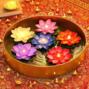 Imagem de Beeplove 6 peças Diwali Decorações Luz de lótus – 10 cm Flor de Lótus Artificial Diyas Flutuante para Casa Urli Bowl Mandir Pooja Decoração Indiana Festa Diwali Presentes de Devolução