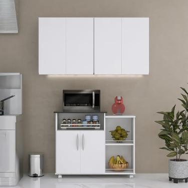Imagem de Armário de Cozinha Modular Branco, 3 Portas, Microondas e Prateleiras, com Rodízios