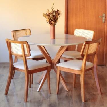 Imagem de Sala de Jantar Mesa de 120cm Redonda Off White com 4 Cadeiras em Madeira Maciça e Telinha Rattan