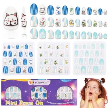 Imagem de TOROKOM Conjunto de unhas postiças para crianças, 72 peças, pacote com 3, pré-cola, cobertura completa, azul, glitter, urso, gato, flor, presentes para meninas de 8 a 12 anos
