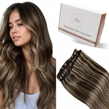 Imagem de Hetto Extensões de cabelo humano real com destaques castanhos caramelo loiro trama extensões de cabelo humano destaque marrom costura em extensão de cabelo humano liso macio 30 cm 70 g