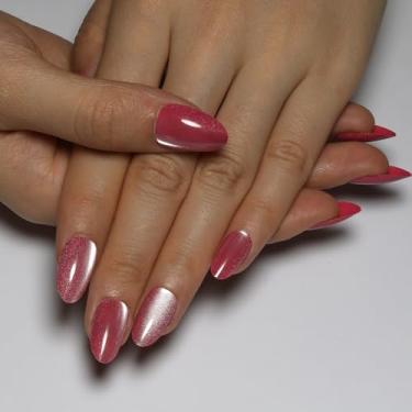 Imagem de Unhas postiças de amêndoa vermelha com cola para mulheres, unhas postiças de acrílico reutilizáveis, unhas postiças femininas, glitter e cola nas unhas, vermelho ameixa