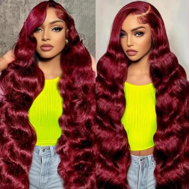 Imagem de LUCLUEME Perucas de cabelo humano 34 polegadas 99j Borgonha Lace Front Wig 13x6 HD Borgonha cabelo humano densidade 200 onda corporal peruca frontal perucas coloridas vinho vermelho perucas cabelo