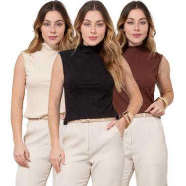 Imagem de Kit 3 Regatas Feminina Cavada Gola Alta Canelada - Maranne, Kit31, P