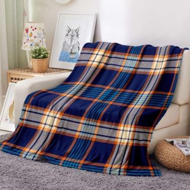 Imagem de Svnthqp Manta de flanela azul marinho de verão xadrez colorido azul marinho laranja bege xadrez outono quente leve cobertor aconchegante para quarto sala de estar sofá 152 x 203 cm