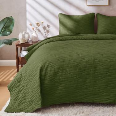 Imagem de JYHOPE Conjunto de cama de solteiro, 1 edredom de verão, 2 fronhas, colcha de microfibra leve e macia para todas as estações (estampa de madeira - verde-oliva, casal/queen (86 x 90))