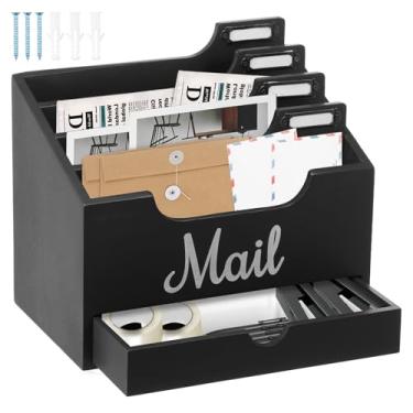 Imagem de Organizador de correio de mesa com 4 compartimentos e gaveta, organizador de documentos de madeira para arquivos, cartas, documentos, casa (preto, 1)